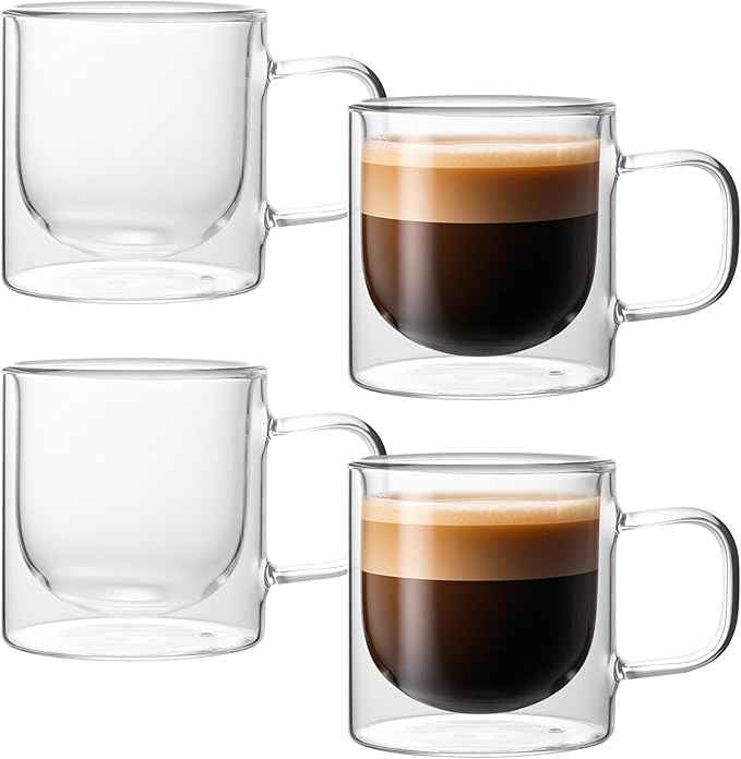 NIRA.Z 12 OZ Double Walled Glass Coffee Mugs Set of 4 Clear Coffee Cups with Handle 355ml Hand-Blown Insulated Glass Tea Cups for Hot & Cold Beverages, Cappuccino, Latte, Tea Bags, Espresso, Americano