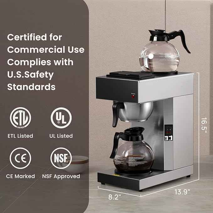 SYBO 12-Cup Commercial Drip Coffee Maker, Pour Over Coffee Maker Brewer with 2 Glass Carafes and Warmers, Stainless Steel Cafetera SF-CB-2GA