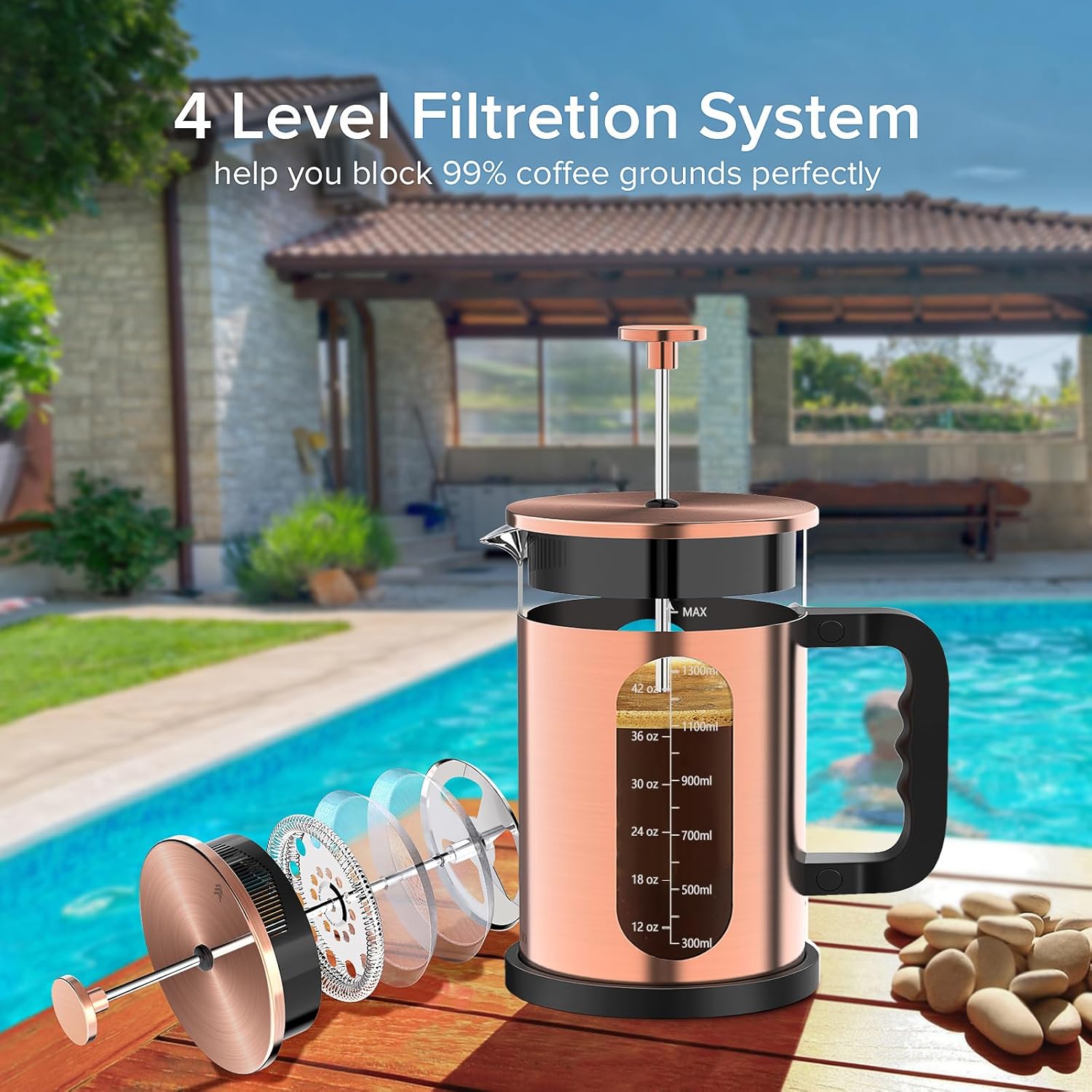 QUQIYSO French Press Coffee Maker 51oz 304 Stainless Steel French Press with 4 Filter, Borosilicate Glass Coffee Press - Blissbrew