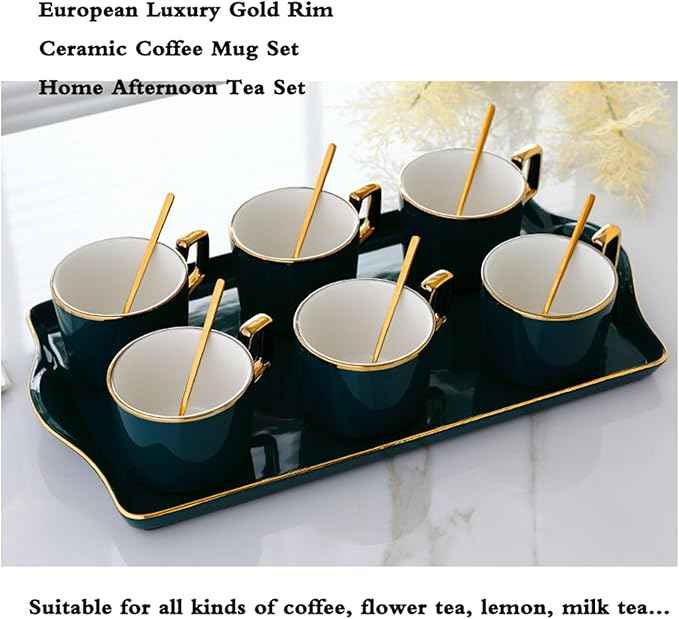 Tea Cups and Tray Set of 14 Pieces,Luxury Set with Teapot, Afternoon Tea Coffee Cups with Ceramic Tray, British Porcelain Tea Party Set for Kitchen,A