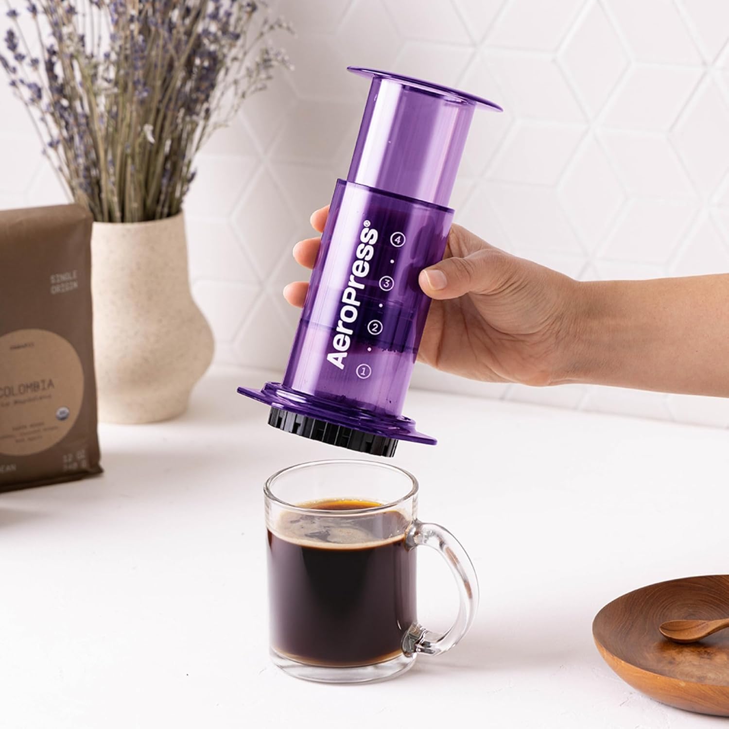 AeroPress Clear Purple Coffee Press – 3 In 1 Brew Method Combines French Press, Espresso, Full Bodied Coffee Without Grit or Bitterness, Small Portable Coffee Maker for Camping & Travel, Purple - Blissbrew