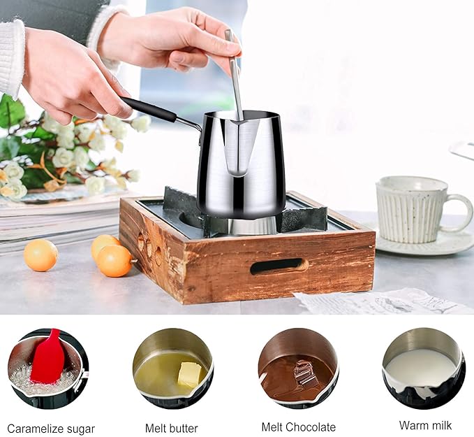 Turkish Coffee Pot, Stainless Steel Milk and Coffee Warmer, Ibrik Cezve Arabic Briki Coffee Pot, Chocolate and Butter Melting Pot with Heat Resistant Handle, 20 OZ, 600 ML