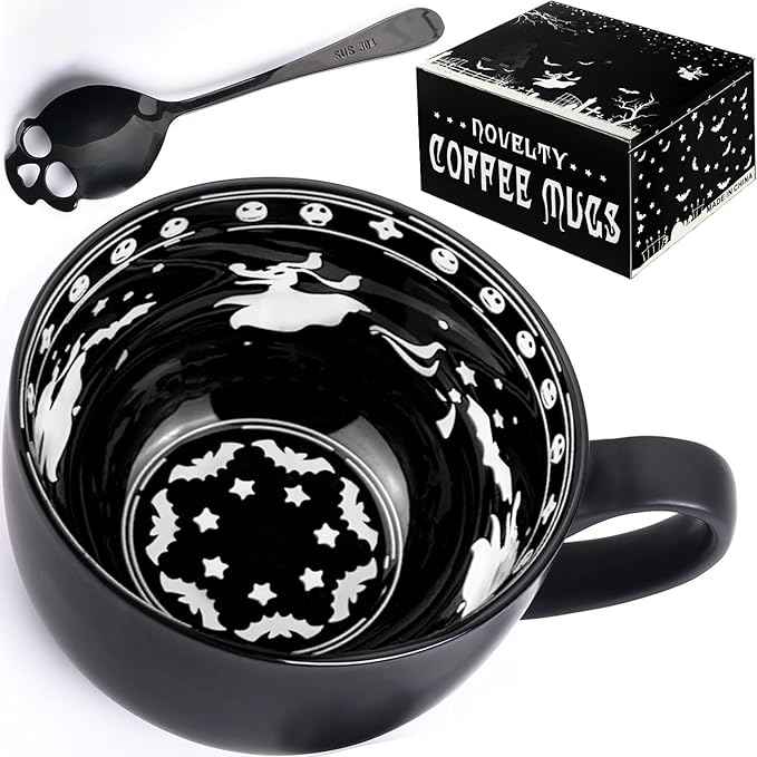 Christmas Gifts, Midnight Skull Coffee Mugs with Spoons, Halloween Birthday White Elephant Weird Gifts for Women Men Girl Friends, Halloween Spooky Witchy Gothis Decor Horror Novelty Tea Cup