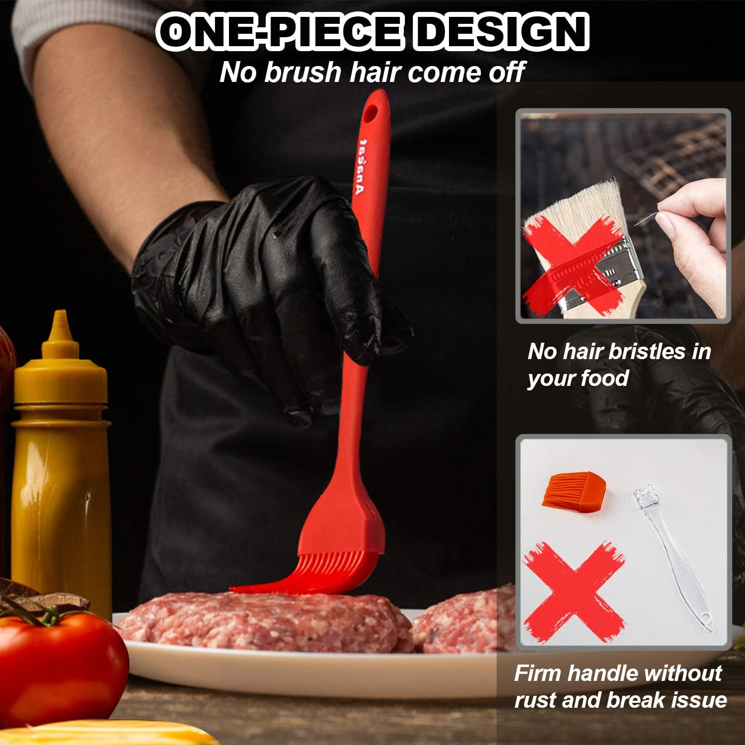 Anaeat High Heat Resistant Silicone Basting Pastry Brush Set of 5- Hygienic One-Pieces Design Spread Oil Butter for BBQ Grill Barbecue Baking Kitchen Cooking - BPA Free & Dishwasher Safe (10"+8.2")