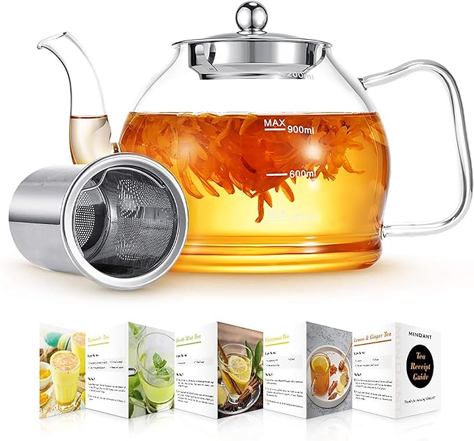 Glass Teapot, 40oz/1200ml Tea Pot with Removable Infuser for Loose Tea, Stovetop Safe Borosilicate Glass Tea Kettle with Strainer and Lid, Hand Crafted Clear Teapot with Scale Line, Tea Brewer Guide