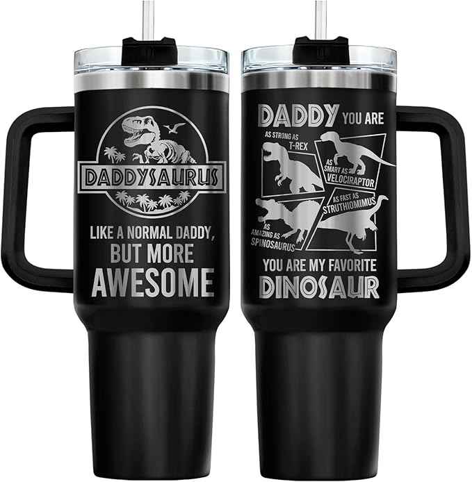 34HD Daddysaurus Tumbler 40oz with Handle Lid and Straw, Funny Like a Normal Daddy But More Awesome Dinosaur Gift, Black Dino Insulated Stainless Steel Cup, Father’s Day & Birthday Present to Papa