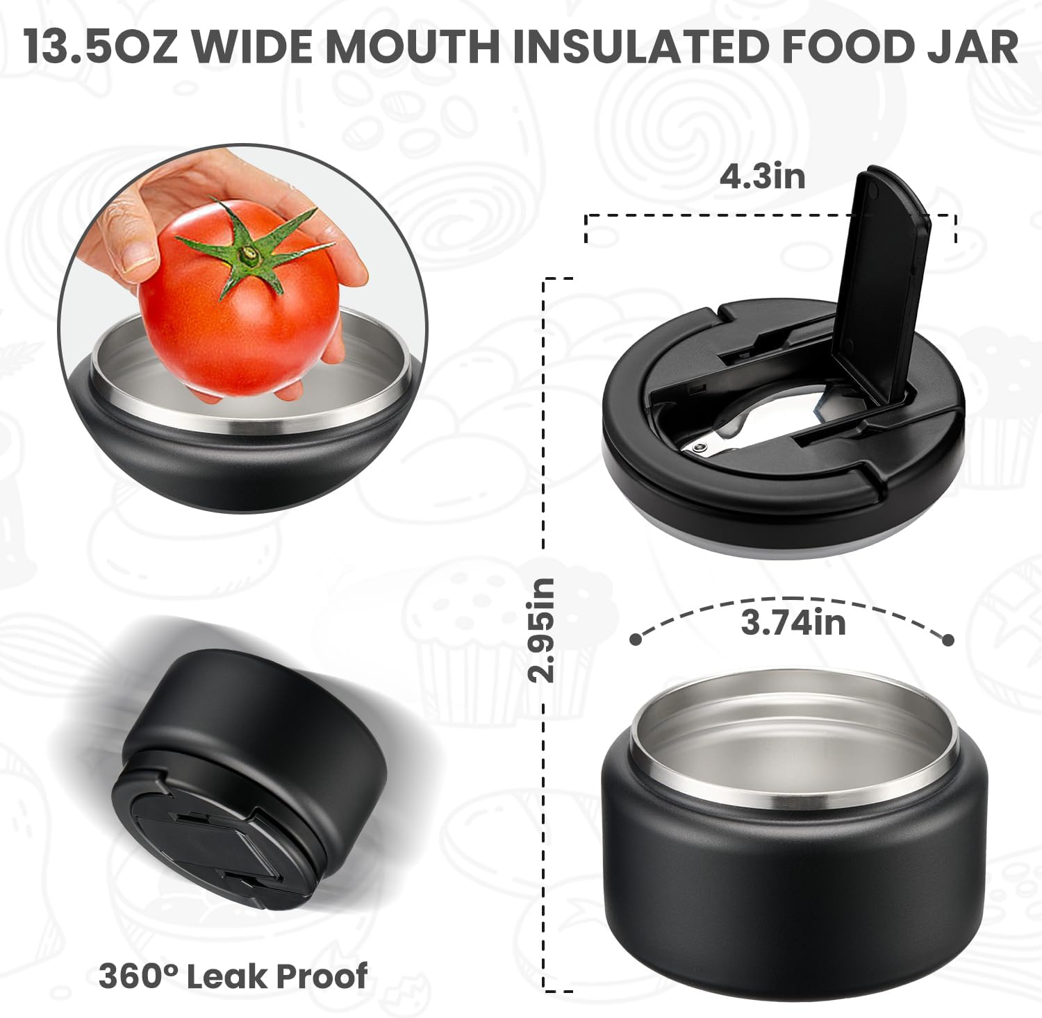 Soup Thermo for Hot Food Kids 13.5oz Lunch Containers with Buckle Lid Wide Mouth Hot Food Jar Vacuum Insulated Stainless Steel Bento Box Leakproof with Spoon(Black) - Blissbrew