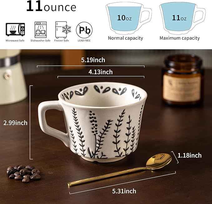 Ceramic Latte Mug Set of 4 with Gold Spoon, 11 Ounce Porcelain Cups for Latte, Hot Tea, Cappuccino, Mocha, Cocoa, Housewarming Wedding Present Gifts for Men Women Dishwasher Microwave Safe