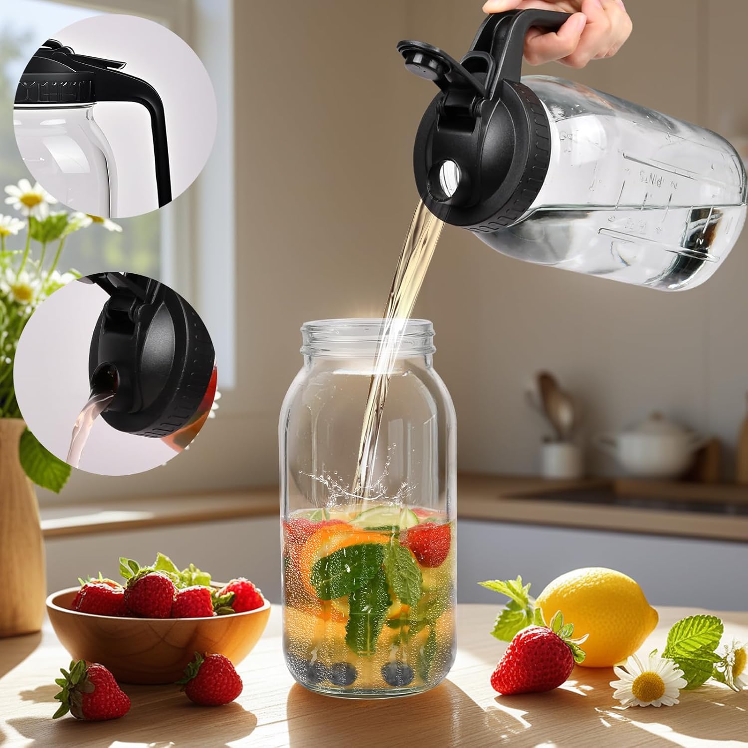 3 Pack 64oz Glass Mason Jar Pitcher with Airtight Lid and Handle – Wide Mouth, Leak-Proof, Ideal for Sun Tea, Cold Brew, Lemonade, Iced Coffee, Milk, and Water