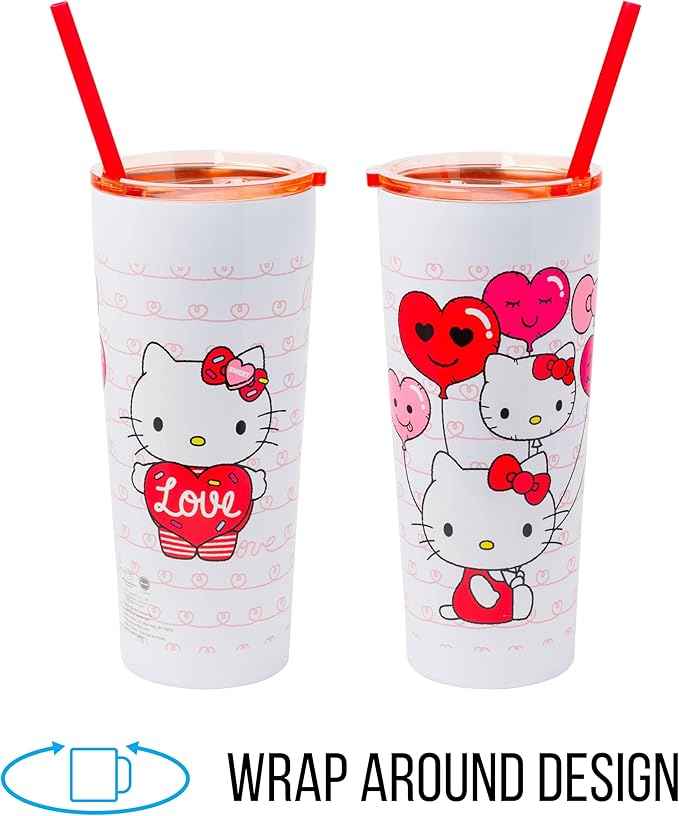 Silver Buffalo Hello Kitty Heart Balloons Double Walled Stainless Steel Tumbler with Straw, 22 Ounces (Pack of 12)