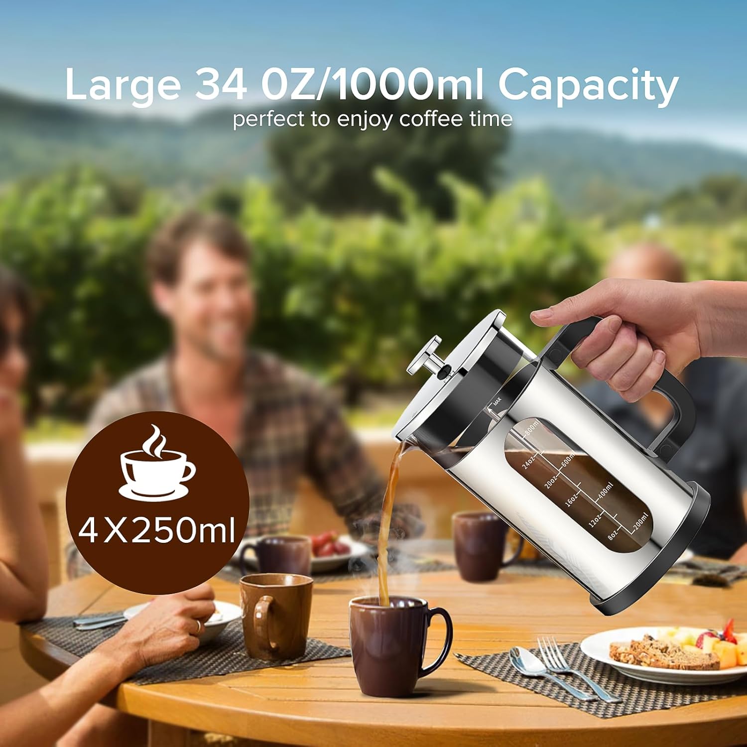French Press Coffee Maker, 304 Stainless Steel Cold Brew Coffee Maker with 4 Filter, Heat Resistant Borosilicate Glass, Easy to Clean, BPA Free Iced Coffee Maker Rust-Free Coffee Press, 34ounce,Silver - Blissbrew