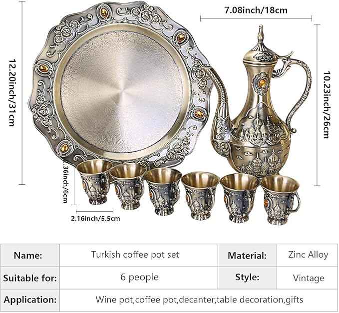 Vintage Turkish Coffee Pot Set for 6 Including Tray and Teapot,Metal Cups,Teapot and Cup Set for One,Tea Service Set for Home Tea Table Decor,Wedding Ornaments(Brass)