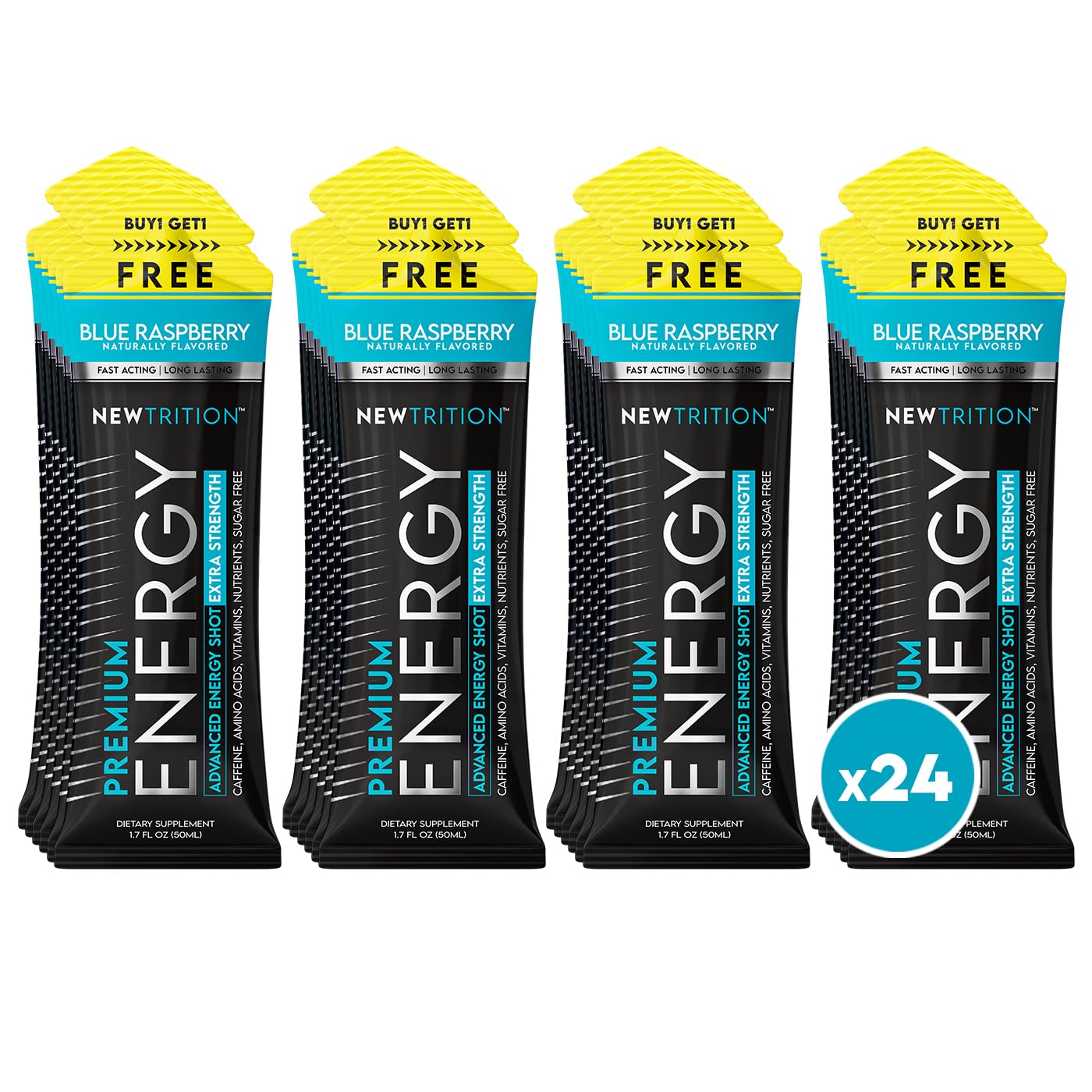 NewTrition® Extra Strength Energy Shots, 250mg Caffeine Energy Shots with Vitamin B & Amino Acids, Sugar-Free Vitamin Energy Shot, 1.7 fl oz (Pack of 24, Blue Raspberry)