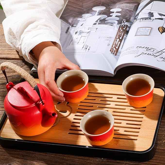 LURRIER Gongfu tea sets, Portable Ceramic TeaSet, Asian Tea sets for adult, Tea Gift sets, Grey leather case, Portable Travel Bag,Home,Gifting,Outdoor and Office(Red and Orange)