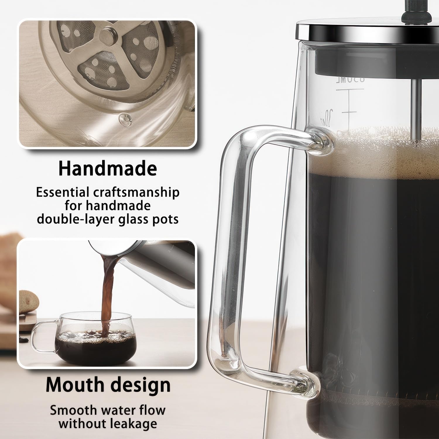French Press Coffee Maker 22Oz - Double-Wall Insulated Borosilicate Glass - Ergonomic Handle - Coffee Gift - Tea & Coffee Press - Blissbrew