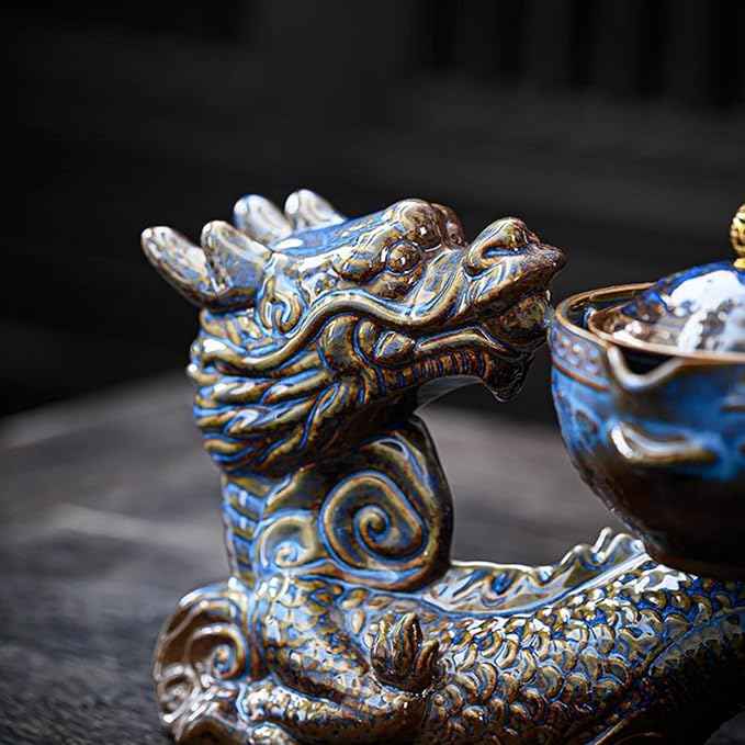 Chinese Gongfu Tea Set - Ceramic 360 Rotating teapot with Infuser, 8Cups, Semi Automatic Dragon Design for Loose Leaf Tea (Gift Box Set)