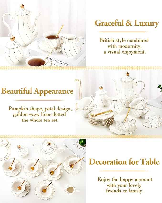 DUJUST 22 pcs Porcelain Tea Set for 6 ＆ Larger 2-Tier Cupcake Stand Tower, Luxury British Style Tea/Coffee Cup Set with Golden Trim, Food Grade Dessert Display Stand for Tea Party - White