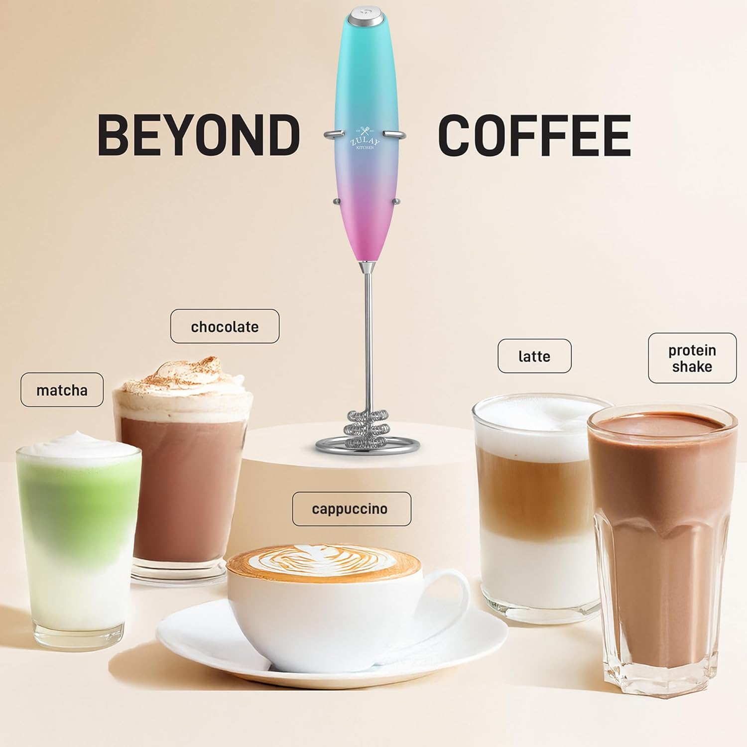 Zulay Kitchen Patented Tornado Triple Whisk Milk Frother with 4 Duracell Batteries – Handheld Foam Maker for Coffee, Lattes, Matcha & Hot Chocolate – Rich, Creamy Froth in Seconds