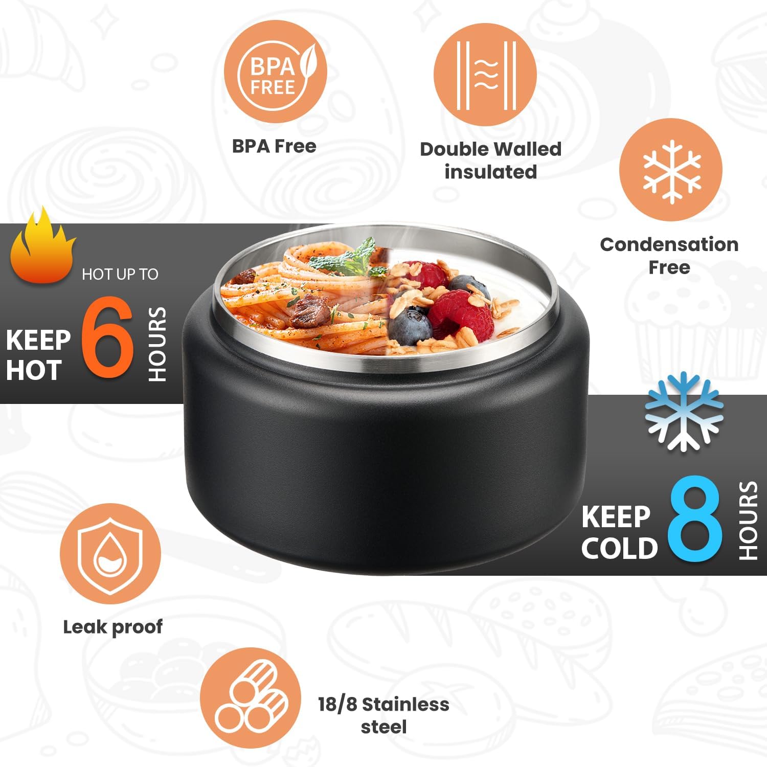 Soup Thermo for Hot Food Kids 13.5oz Lunch Containers with Buckle Lid Wide Mouth Hot Food Jar Vacuum Insulated Stainless Steel Bento Box Leakproof with Spoon(Black) - Blissbrew