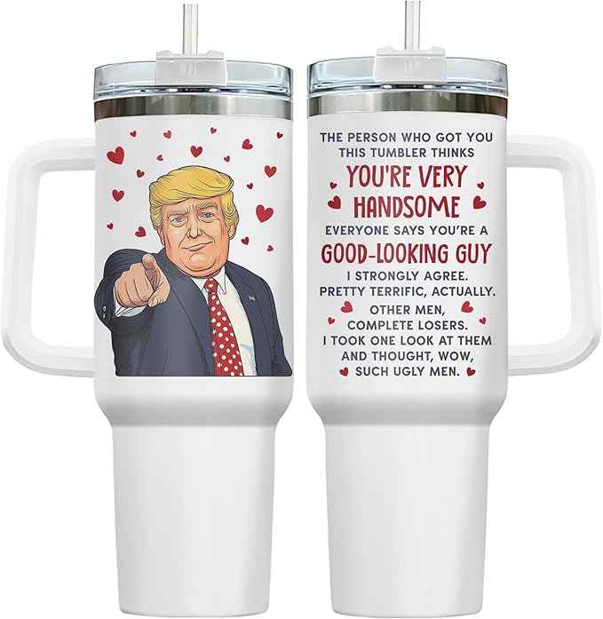 34HD Funny Handsome Guy Tumbler 40oz with Handle Lid and Straw, Mr President Parody Stainless Steel Cup, Novelty Gift for Men, Birthday Father's Day Insulated Travel Mug for Husband Boyfriend & Dad