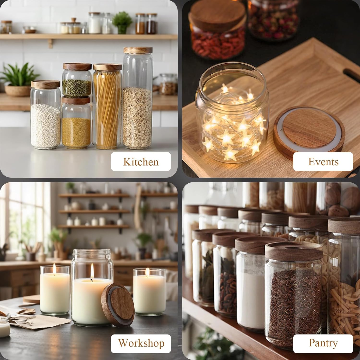 Glass Jars with Airtight Wood Lids - 17 oz Small Kitchen and Pantry Storage Containers, Canisters for Chia Seed, Ground Coffee, Sugar, Spice, Salt, Salad, Matcha, Set of 2