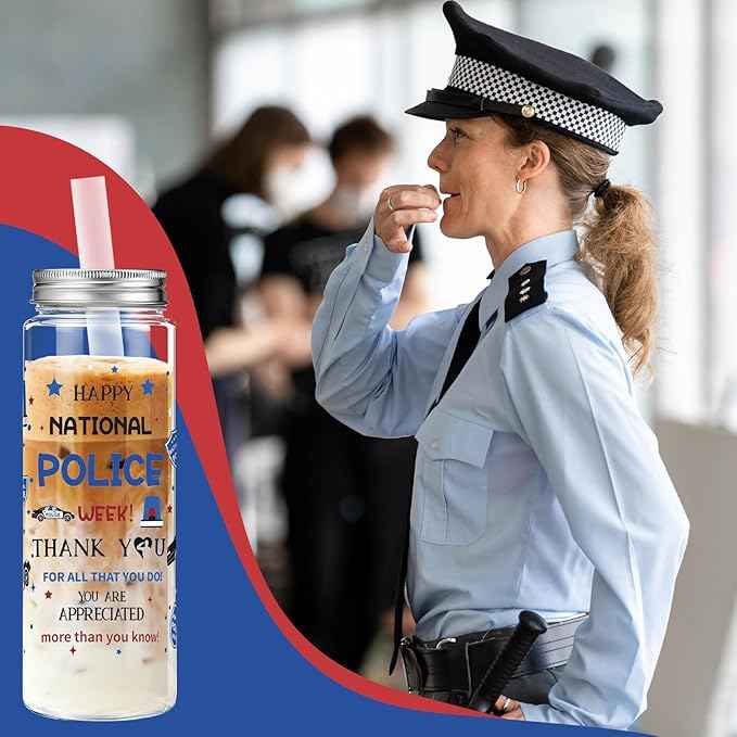 Vesici 24 Pcs National Police Week Appreciation Gift 14.2oz Thank You Gifts Lid and Straw Plastic Reusable Tumbler Bulk Inspirational Gifts Cold Drinking Cup for Police Week Party Favors