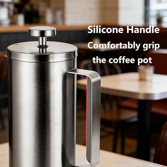 small French Press Coffee Maker 600ml, Double-Wall Insulated French Press Coffee Press Stainless Steel for travel camping, Silicone handle (2-4cup, 20 OZ) silver