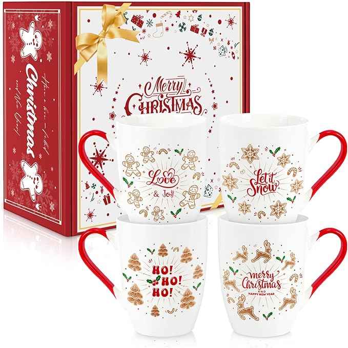 Classic Christmas Coffee Mug Set of 4, 12 oz Gingerbread Man Coffee Mug with Handle, Hot Cocoa Ceramic Mugs with Gift Box for Mom Woman Family Friends Colleagues