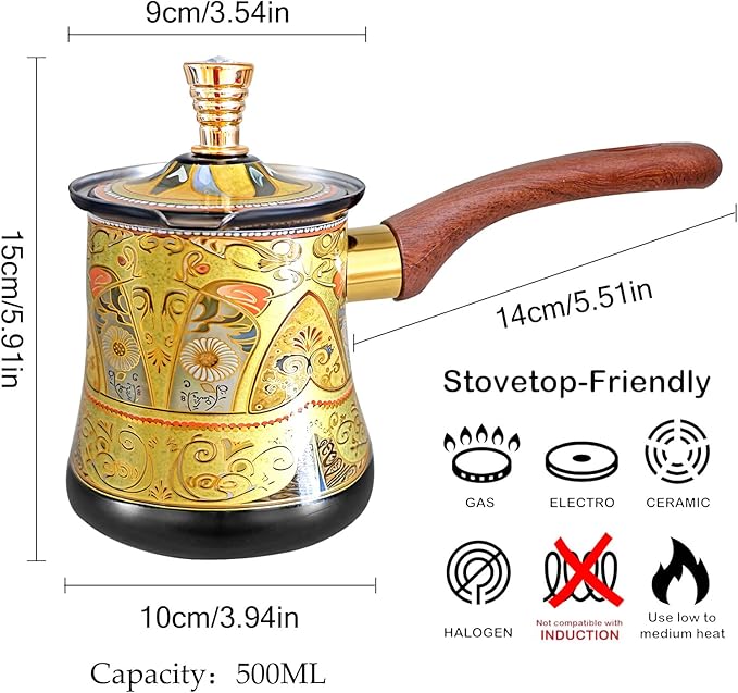 Turkish Arabic Coffee Pot with Wooden Handle,Stove Top Water Boiler, Coffee Maker, Butter, Chocolate & Milk Warmer,Even and Quick Heat with Handcrafted Metal Material (Black and Gold)