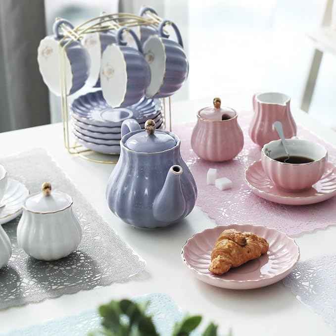 Sweejar Porcelain Tea Sets British Royal Series, 8 OZ Cups & Saucer Service for 6, with Teapot Sugar Bowl Cream Pitcher Teaspoons and Tea Strainer, Suitable for High Tea, Wedding, Party（Beige）