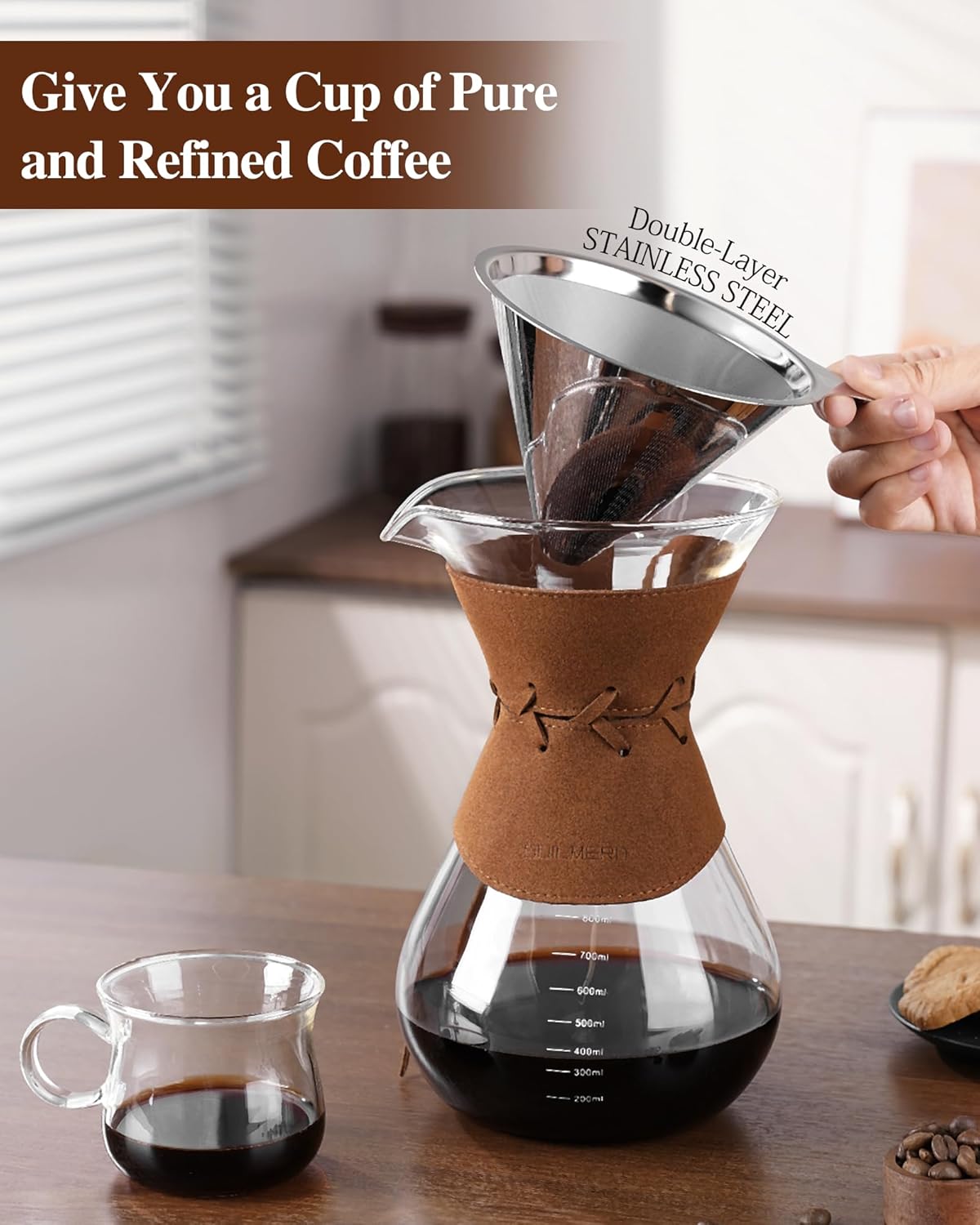 Pour Over Coffee Maker with Double-Layer Stainless Steel Filter - 27 oz Pour Over Coffee Dripper with Leather Collar, Heat Resistant 5 Cups Glass Coffee Carafe with Cork Lid for Hand Brewing Lovers - Blissbrew