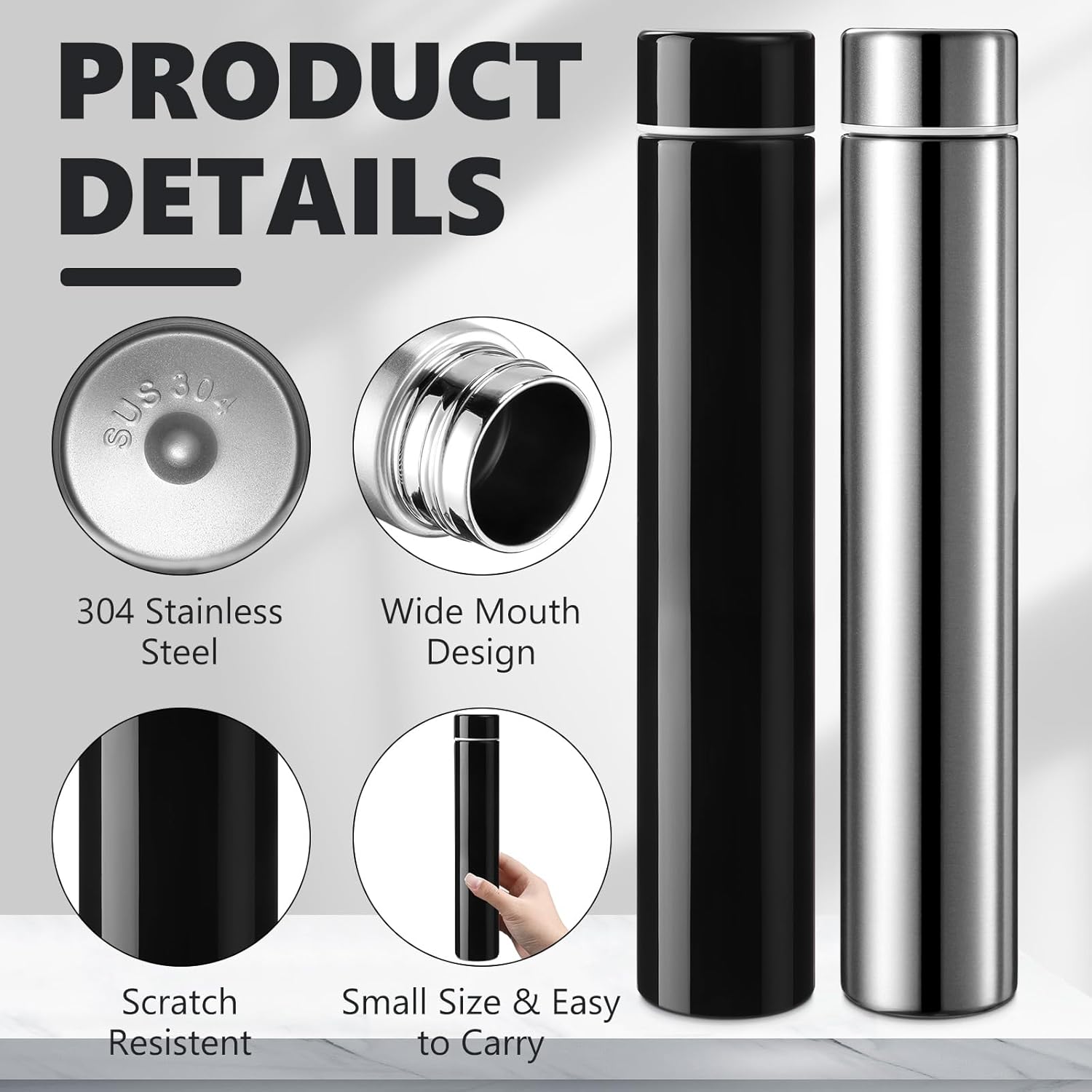 Vesici Slim Water Bottle 8.8 oz Small Stainless Steel Purse Compact Insulated Water Bottles Camping Travel Backpack Pocket Flask for Car Cold Coffee Tea(Silver, Black,2 Pack)