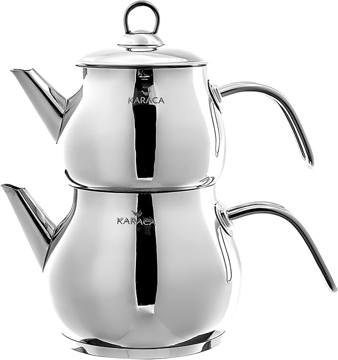 Karaca Layla Teapot Set, Medium, Stainless Steel, Tea Pot 1L (2.2lb), Kettle 1.75L (3.85lb), Silver, Transparent, Tea Maker, Kettle, Turkish Tea Kettle, Tea Maker, Induction Safe