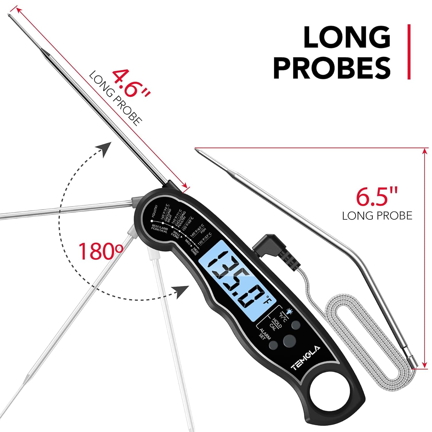 TEMOLA Meat Thermometer, Instant Read Food Thermometer for Cooking, Digital Food Thermometer with LCD Backlight for Candy Fry Grill BBQ Liquids, Kitchen Oven Safe Dual Probe 2 in 1 Thermometer