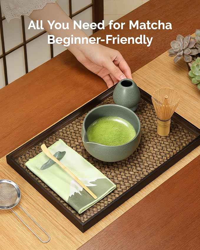 Maestri House Matcha Whisk Set, 7-Pc Complete Matcha Kit with Spouted Ceramic Bowl, Bamboo Whisk and Holder, Scoop, Spoon Rest & Sifter, Tea Cloth – Ideal Gift for Matcha Lovers (Moss-Green)