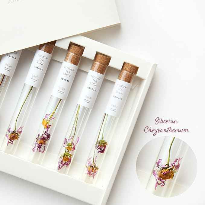KKOKDAM Tea Gift Set - Siberian Chrysanthemum Blooming Stick Flowers - Fancy Korean Gifts For Tea Lovers - 5 Premium Flower Sticks
