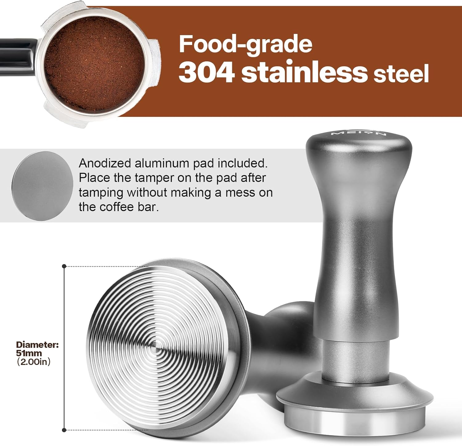 MEION Espresso Tamper 51mm Coffee Tamper, Calibrated Dual Spring Loaded Barista Tamper with Stainless Steel Base, Comes with aluminum storage pad (51MM, Silver)