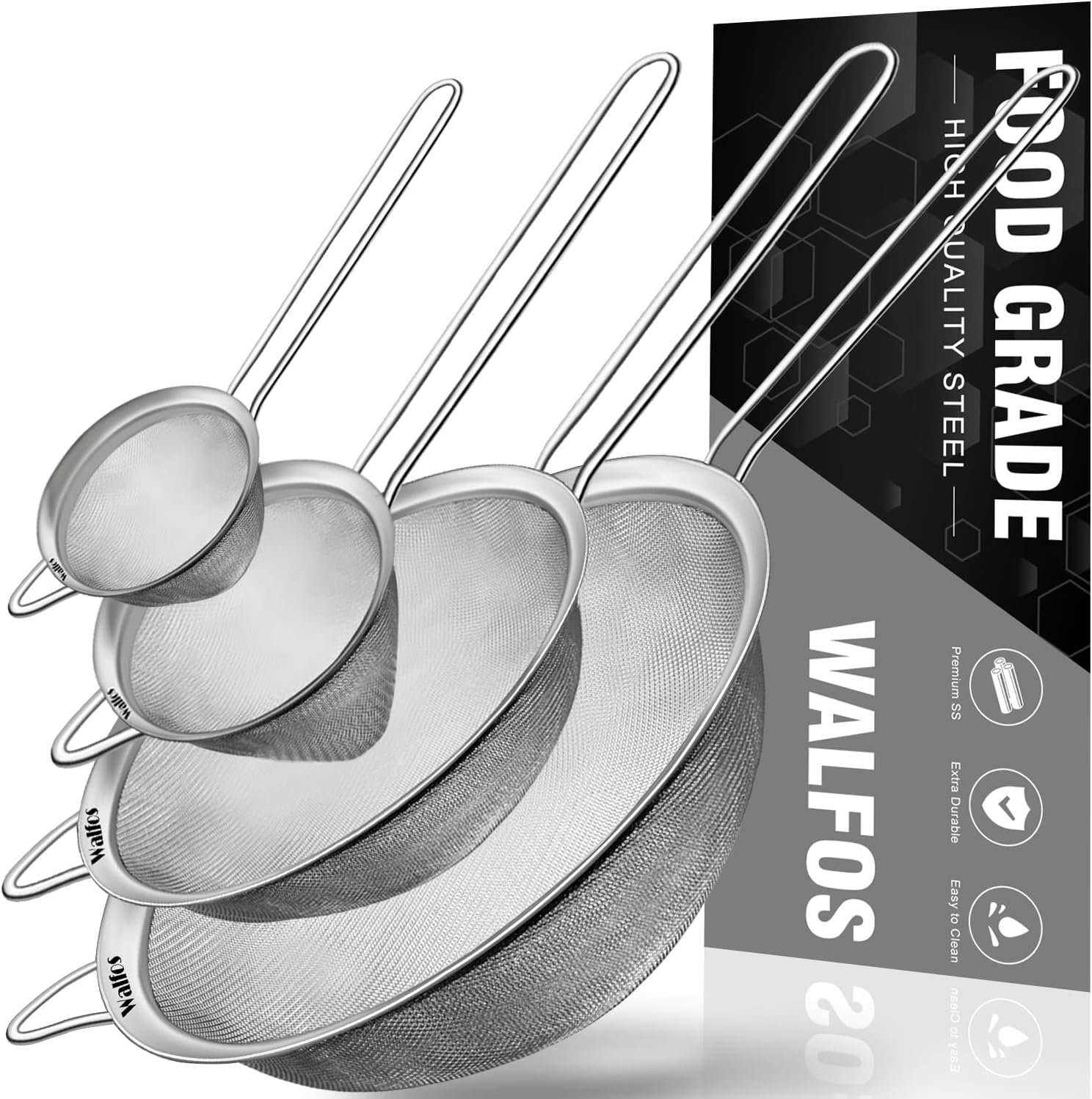 Walfos Fine Mesh Strainer 4PCS, Versatile Kitchen Strainer with Handle - 7