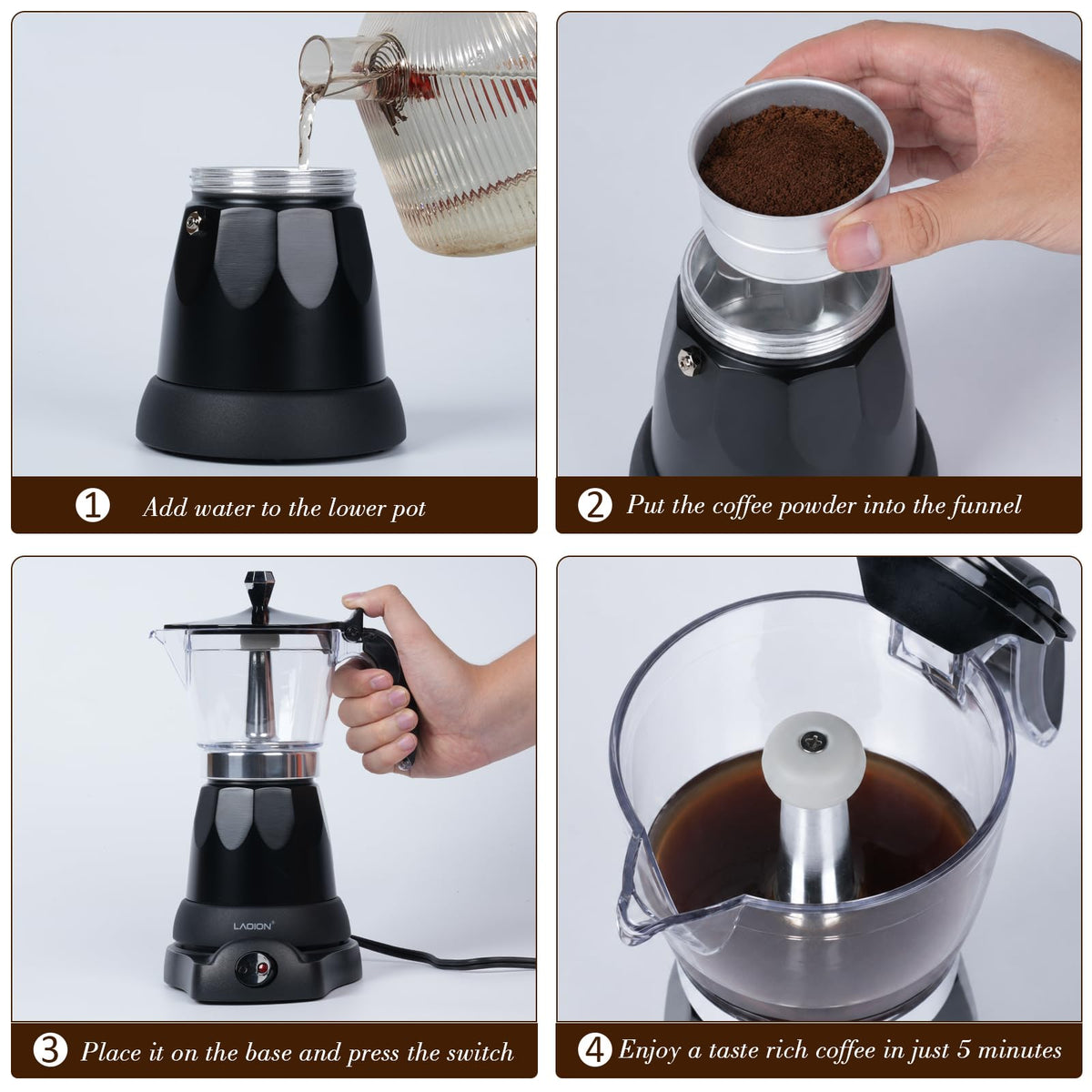 Clear top chamber of an electric moka pot