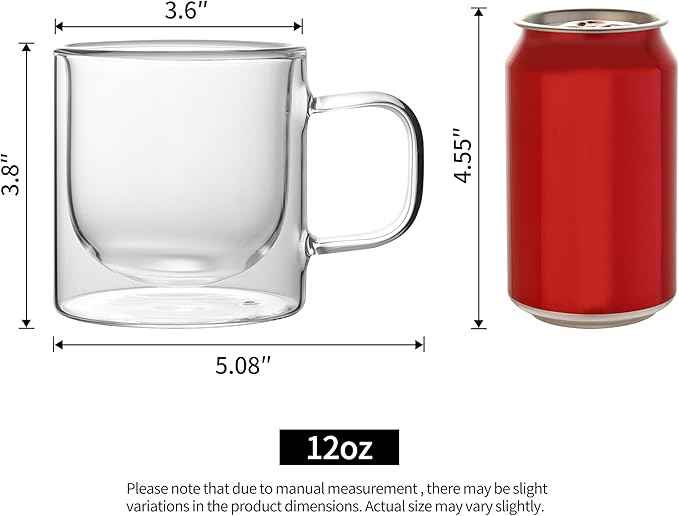 NIRA.Z 12 OZ Double Walled Glass Coffee Mugs Set of 4 Clear Coffee Cups with Handle 355ml Hand-Blown Insulated Glass Tea Cups for Hot & Cold Beverages, Cappuccino, Latte, Tea Bags, Espresso, Americano