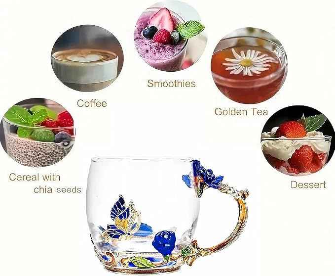 Tea Cup Gifts for Mom Women Mothers Day Glass Coffee Enamels Mug Birthday Butterfly Rose Gifts for Her Valentines Day Christmas Tea Cup with Spoon