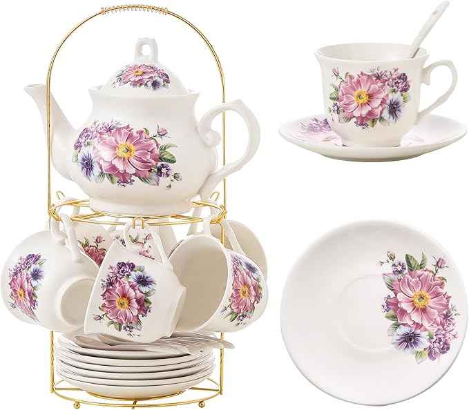 20-Pieces Tea Set For Adult with Golden Metal Rack,Porcelain Tea Sets For Women,Tea Gift Sets for Home&Party(K018)