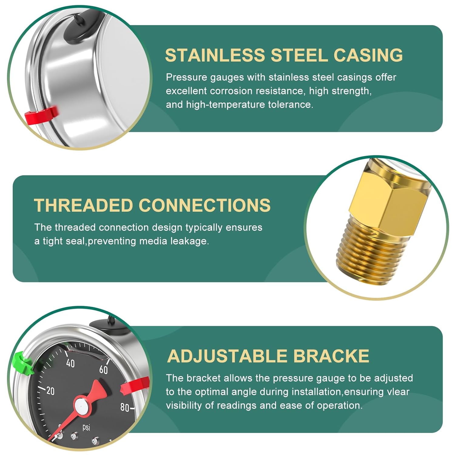 0-100PSI Stainless Steel Glycerin Filled Pressure Gauge 1.5" Black Dial Size, 1/8" NPT Lower Mount, for Tube, Water Pump, Gas, Liquid, Pressure Test (with Range Mark Pointer)