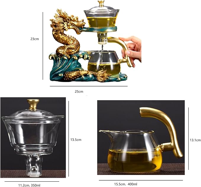 Glass Teapot Set Tea Maker with Infuser Semi Automatic Drip Rotating Cover Bowl Lazy Tea Set (Dragon, Single)