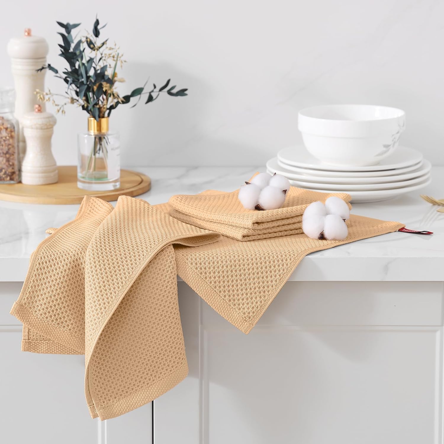 Kitinjoy 100% Cotton Kitchen Dish Cloths (12 X 12 Inches, Apricot),6 Pack Waffle Weave Ultra Soft Absorbent Dish Towels for Drying Dishes Quick Drying Kitchen Towels Dish Rags