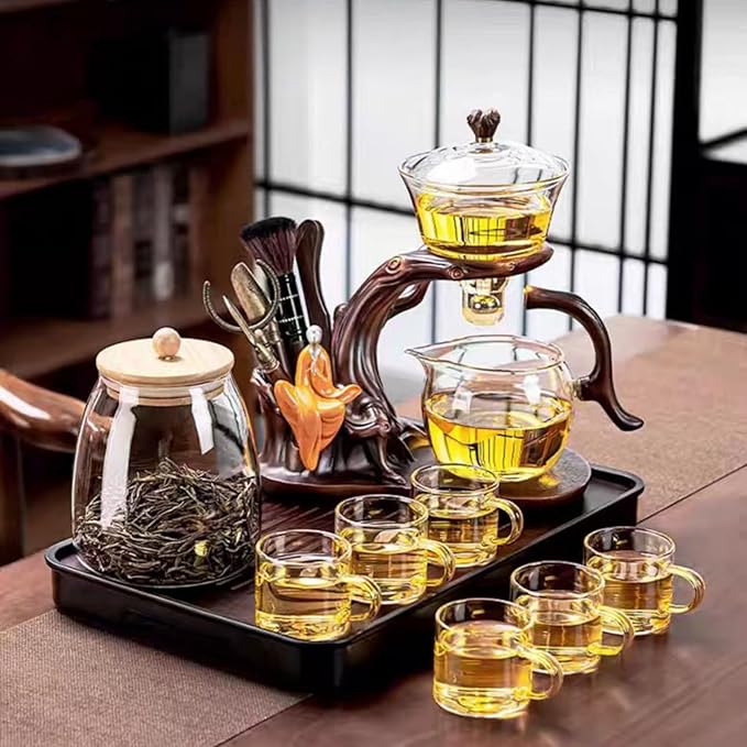 Magnetic TeaPot Semi-Automatic Drip Glass Teapots Lazy Kungfu Tea Infuser Heat-Resistant Tea Maker Set (Iclude 6 cups & Tea pet & 6 Gentlemen of Tea Set)