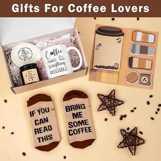 Ithmahco Coffee Lover Gifts for Women Men - Includes Mug Spoon Rest Holder Candle Socks Sticky Notes Set, Coffee Gift Basket for Birthday Galentines Valentines Day Christmas Thanksgiving Gift Ideas