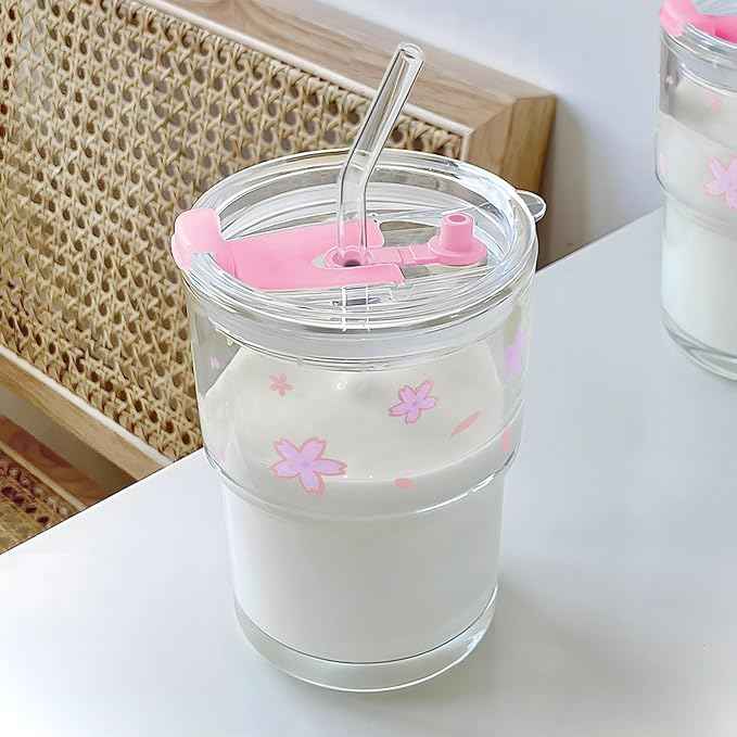 Iced Coffee Cup, 15Oz/450ml Glass Cups With Lids And Straws, Iced Coffee Glasses Tumbler, Thick Wall Mug For Tea Water With Glass Straw, Coffee Cute Tumbler Gifts (Pink)