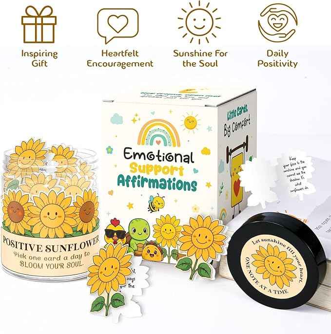 Positive Sunflower Jar with 60 Daily Affirmation Cards, Emotional Support Sunflower Gift, Sunflower Decor, Sunflower Gifts for Women, Birthday or Get Well Gifts