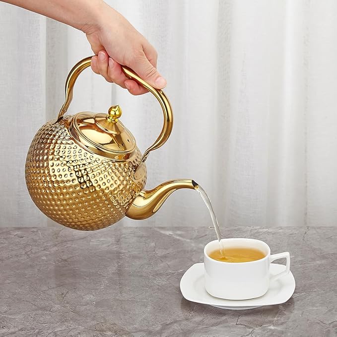 SANQIAHOME 1500ml Teapot with Infuser Stainless Steel Lifting Handle Tea Maker Gold